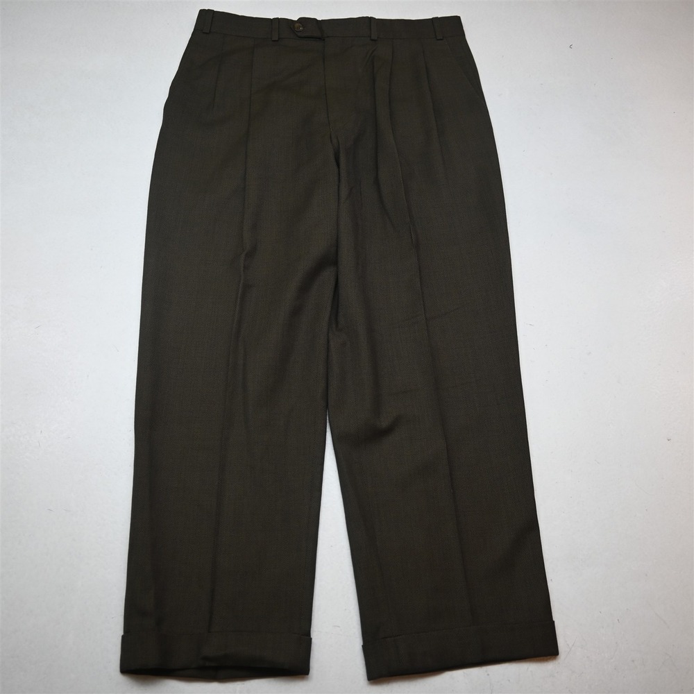 Bespoke 33x29 Brown Birdseye Wool Pleated Cuffed Baggy High Waist Dress Pants